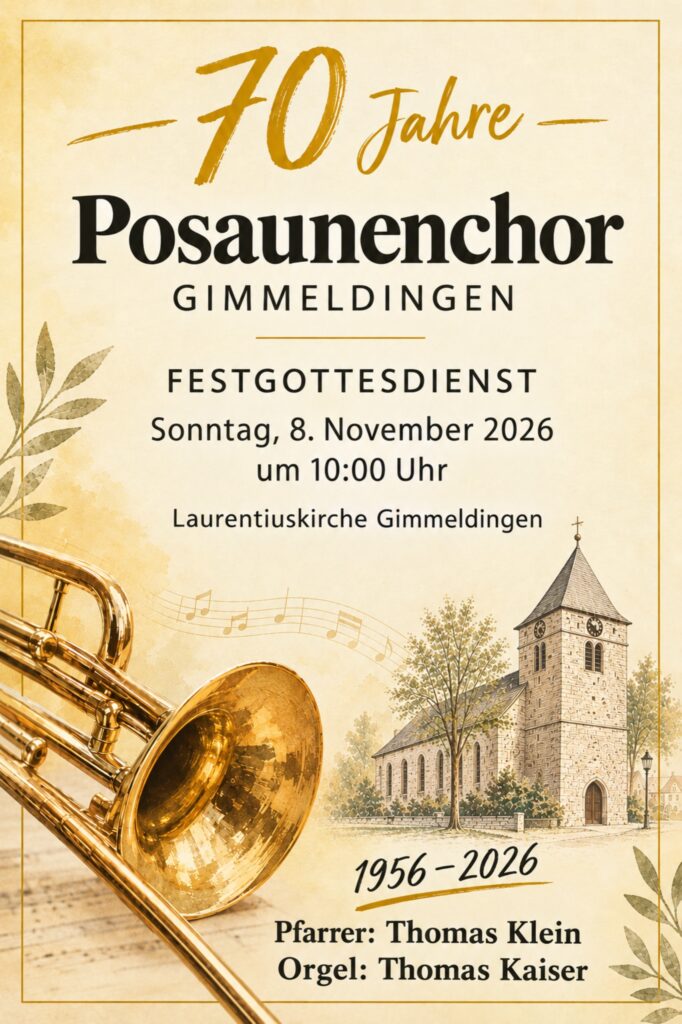 Plakat zum 70-jährigen Jubiläum des Posaunenchors Gimmeldingen: Festgottesdienst am Sonntag, 8. November 2026, um 10:00 Uhr in der Laurentiuskirche Gimmeldingen. Pfarrer: Thomas Klein, Orgel: Thomas Kaiser. Abgebildet sind eine goldene Posaune und die Laurentiuskirche.